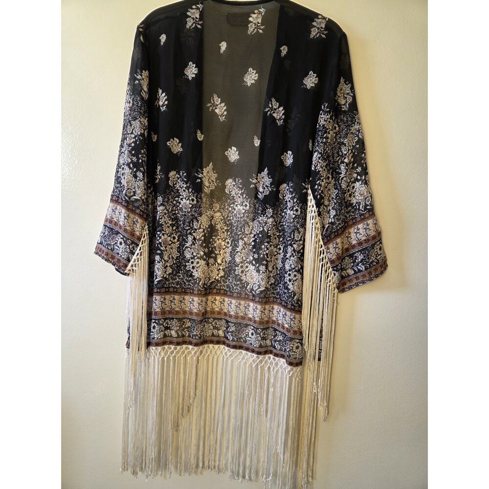 Abercrombie Fitch Kimono Open Front Boho Gypsy Western Beach Fringe Floral Sz S